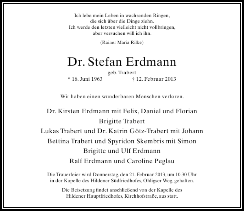  Traueranzeige für Dr. Stefan Erdmann vom 16.02.2013 aus Rheinische Post