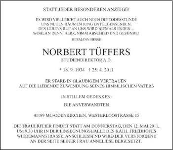 Traueranzeige von Norbert Tüffers von Rheinische Post