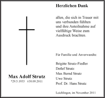 Traueranzeige von Max Adolf Stutz von Rheinische Post
