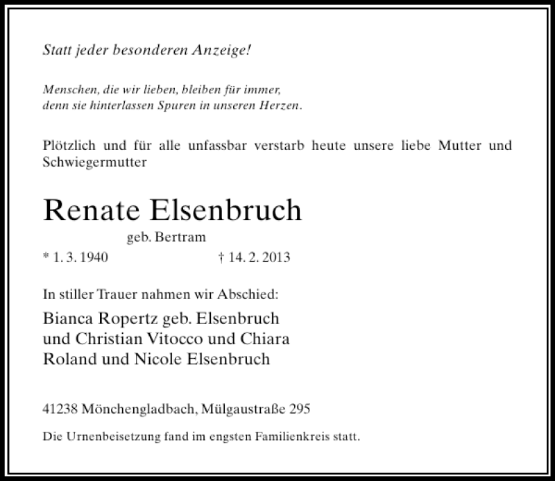  Traueranzeige für Renate Elsenbruch vom 23.02.2013 aus Rheinische Post