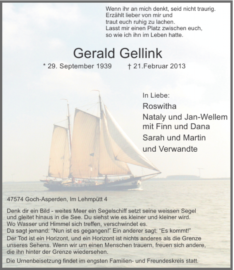  Traueranzeige für Gerald Gellink vom 26.02.2013 aus Rheinische Post