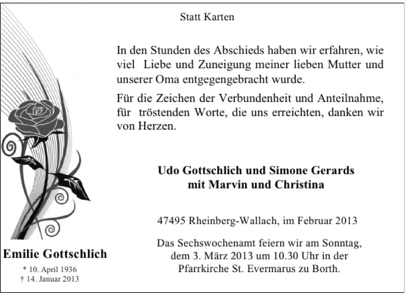  Traueranzeige für Emilie Gottschlich vom 27.02.2013 aus Rheinische Post