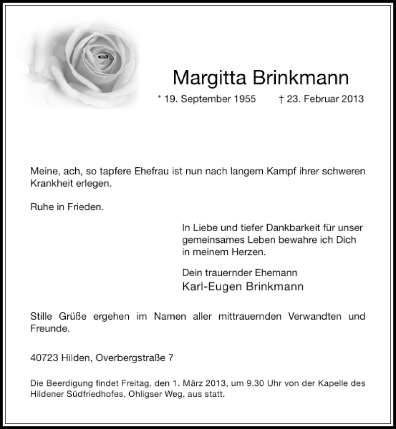  Traueranzeige für Brinkmann Margitta vom 27.02.2013 aus Rheinische Post