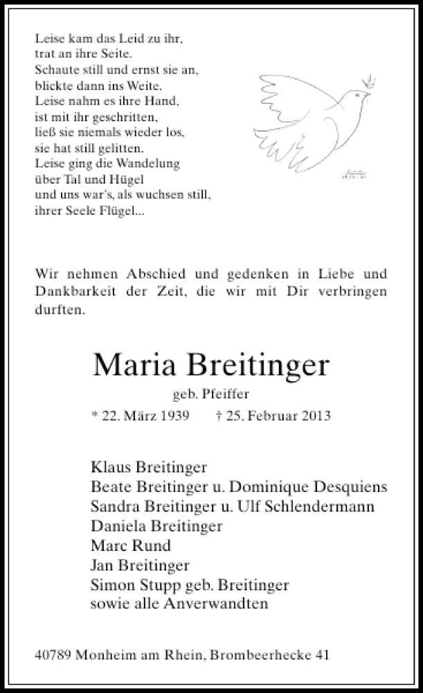  Traueranzeige für Breitinger Maria vom 02.03.2013 aus Rheinische Post