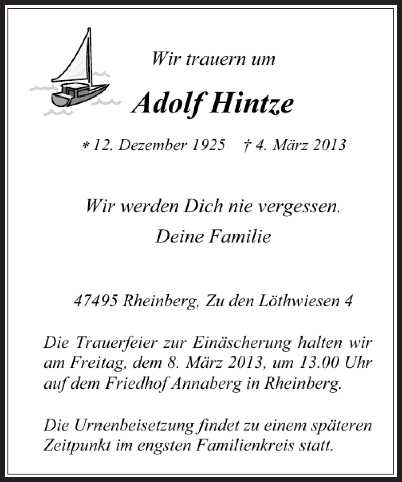 Traueranzeige für Adolf Hintze vom 06.03.2013 aus Rheinische Post