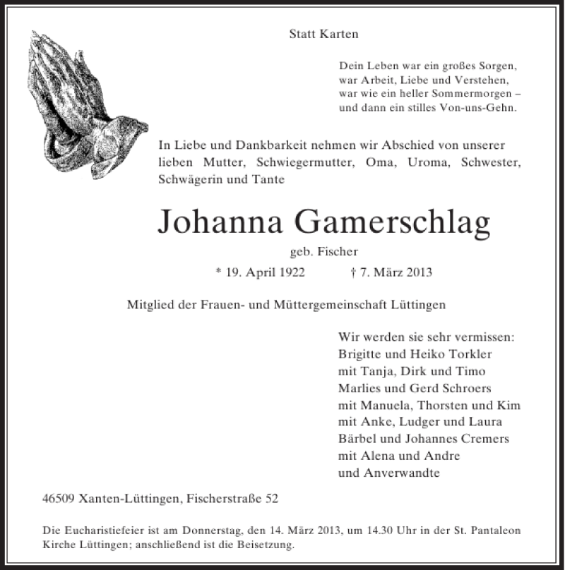 Alle Traueranzeigen für Johanna Gammerschlag | trauer.rp-online.de