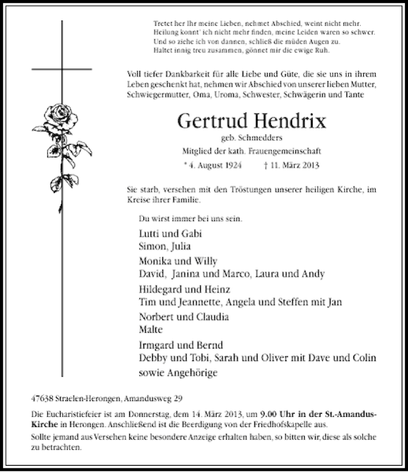  Traueranzeige für Gertrud Hendrix vom 12.03.2013 aus Rheinische Post