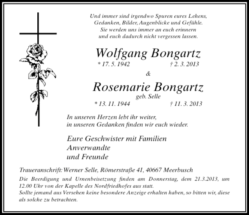  Traueranzeige für Wolfgang Bongartz und Rosemarie Bongartz vom 16.03.2013 aus Rheinische Post