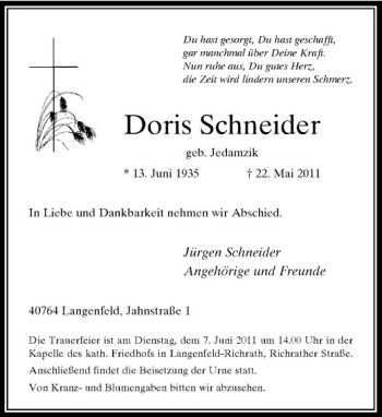 Traueranzeige von Doris Schneider von Rheinische Post