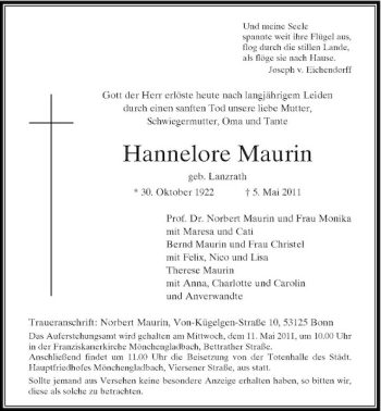 Traueranzeige von Hannelore Maurin von Rheinische Post