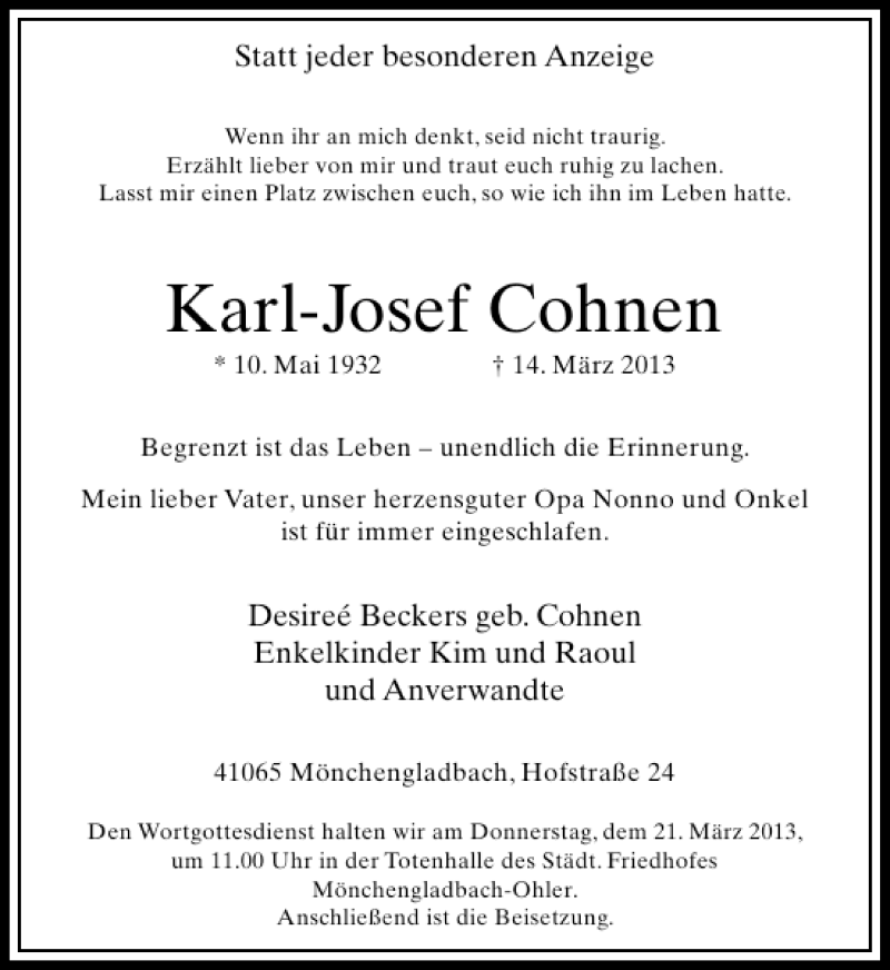  Traueranzeige für Karl-Josef Cohnen vom 20.03.2013 aus Rheinische Post