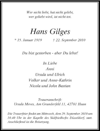Traueranzeige von Hans Gilges von Rheinische Post