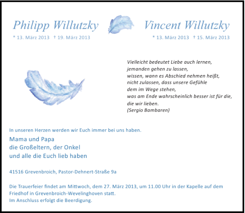  Traueranzeige für Vincent Willutzky Philipp Willutzky vom 23.03.2013 aus Rheinische Post