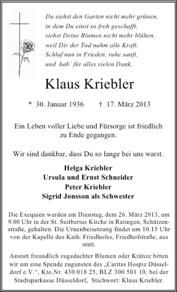  Traueranzeige für Kriebler Klaus vom 23.03.2013 aus Rheinische Post