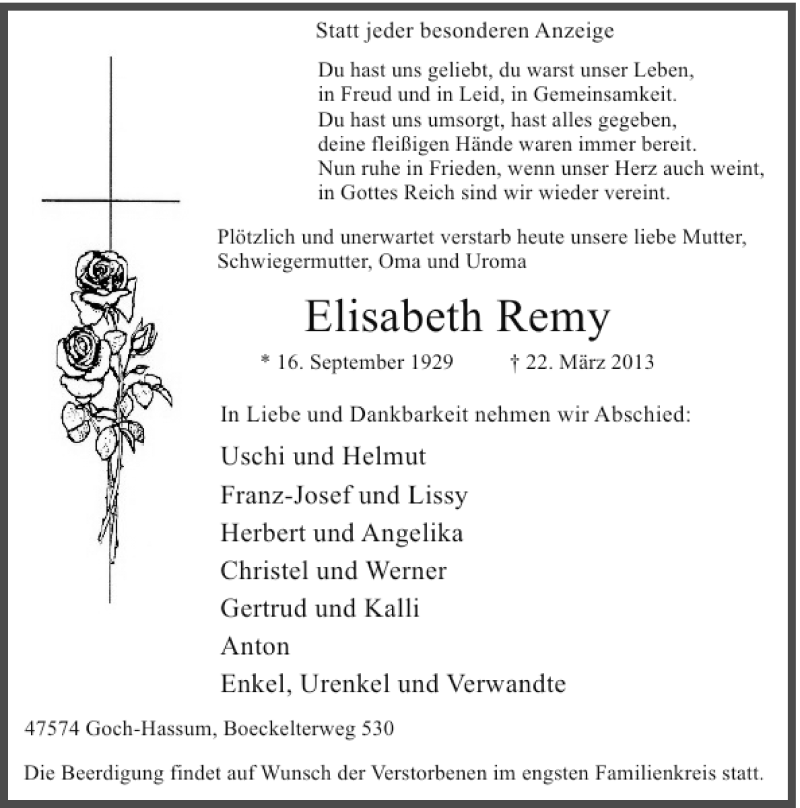 Traueranzeige für Elisabeth Remy vom 25.03.2013 aus Rheinische Post