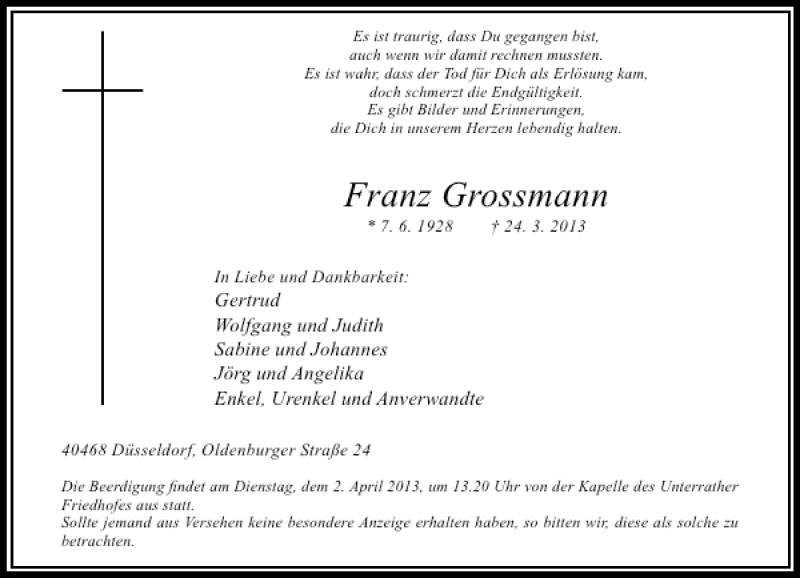 Traueranzeige für Franz Grossmann vom 30.03.2013 aus Rheinische Post