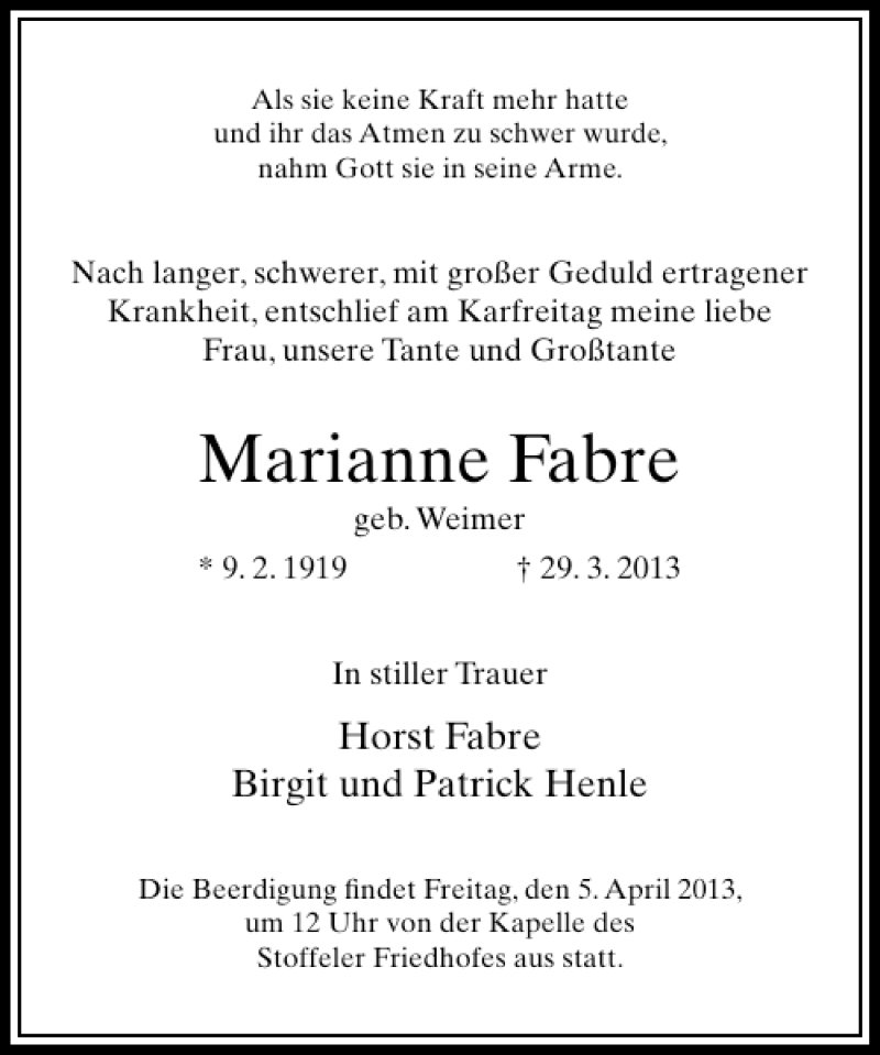 Alle Traueranzeigen für Marianne Fabre