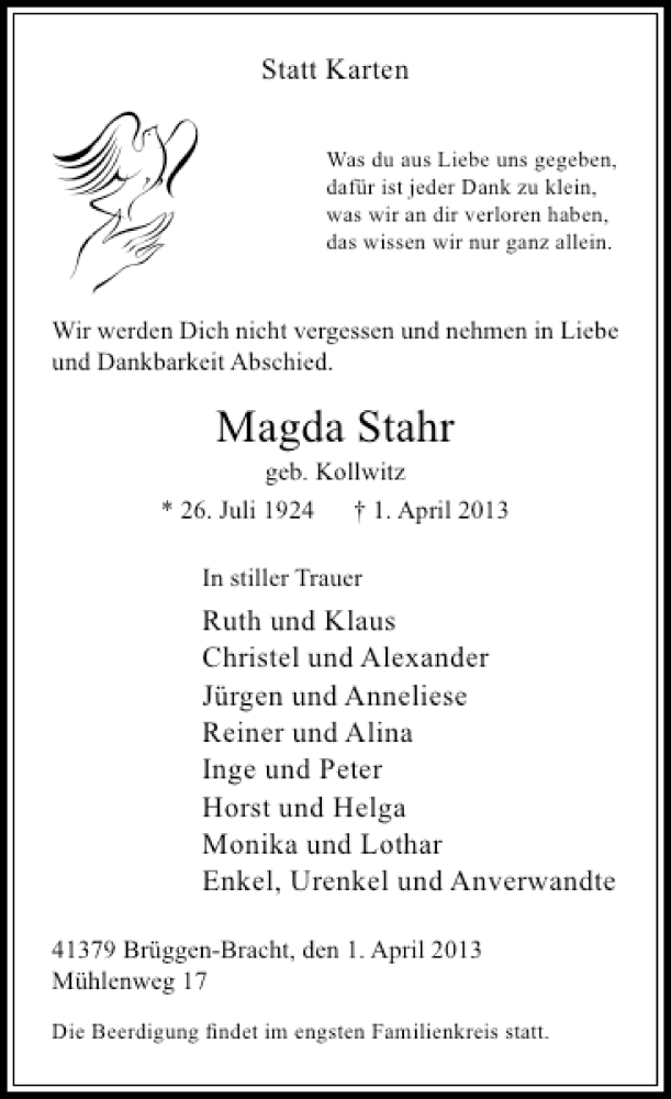  Traueranzeige für Magda Stahr vom 04.04.2013 aus Rheinische Post