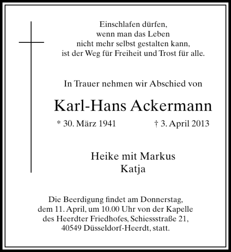  Traueranzeige für Karl-Hans Ackermann vom 06.04.2013 aus Rheinische Post