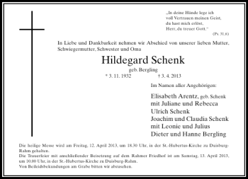 Traueranzeige von Hildegard Schenk von Rheinische Post