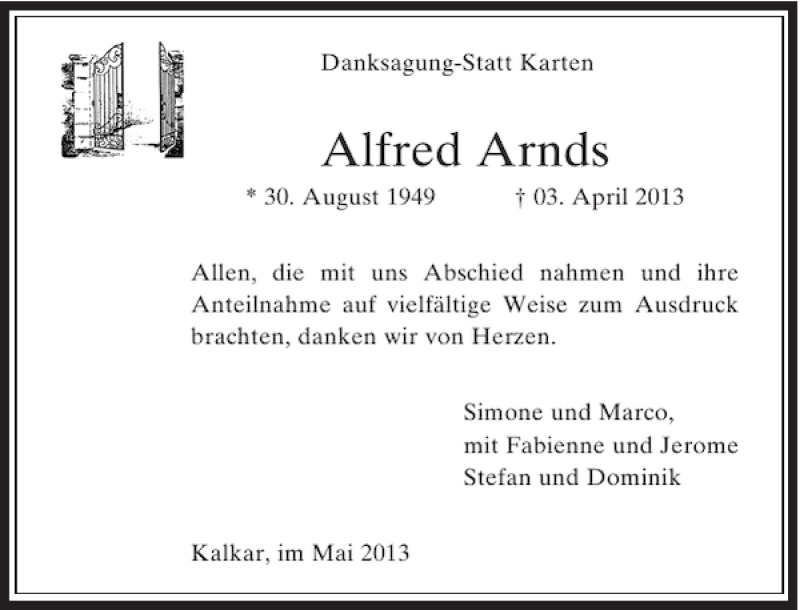  Traueranzeige für Alfred Arnds vom 08.04.2013 aus Rheinische Post