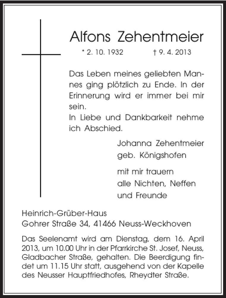  Traueranzeige für Alfons Zehentmeier vom 13.04.2013 aus Rheinische Post