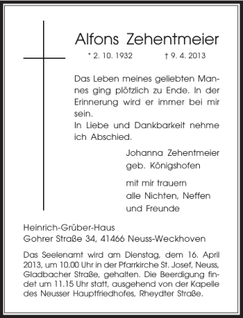 Traueranzeige von Alfons Zehentmeier von Rheinische Post