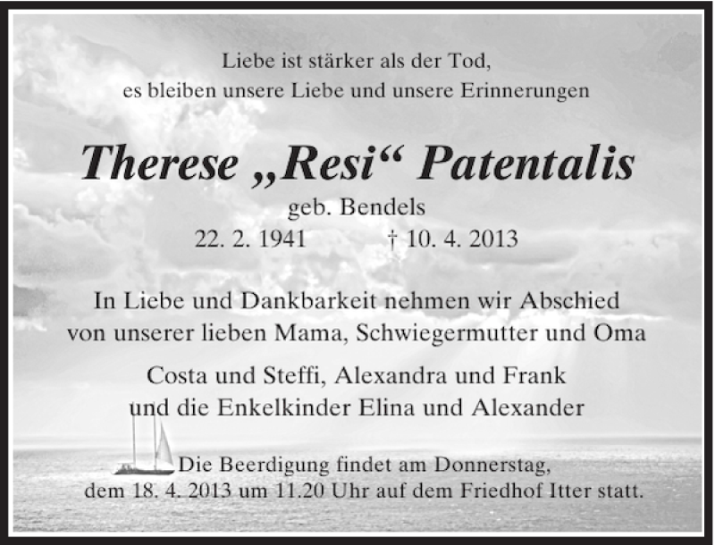  Traueranzeige für 'Resi' Patentalis Therese vom 13.04.2013 aus Rheinische Post