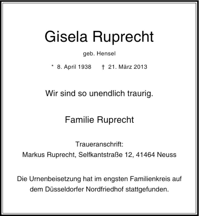  Traueranzeige für Gisela Ruprecht vom 13.04.2013 aus Rheinische Post