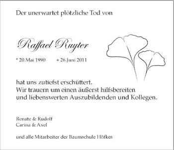 Traueranzeige von Raffael Ruyter von Rheinische Post