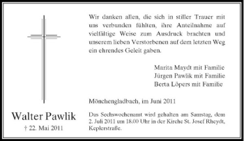 Traueranzeige von Walter Pawlik von Rheinische Post