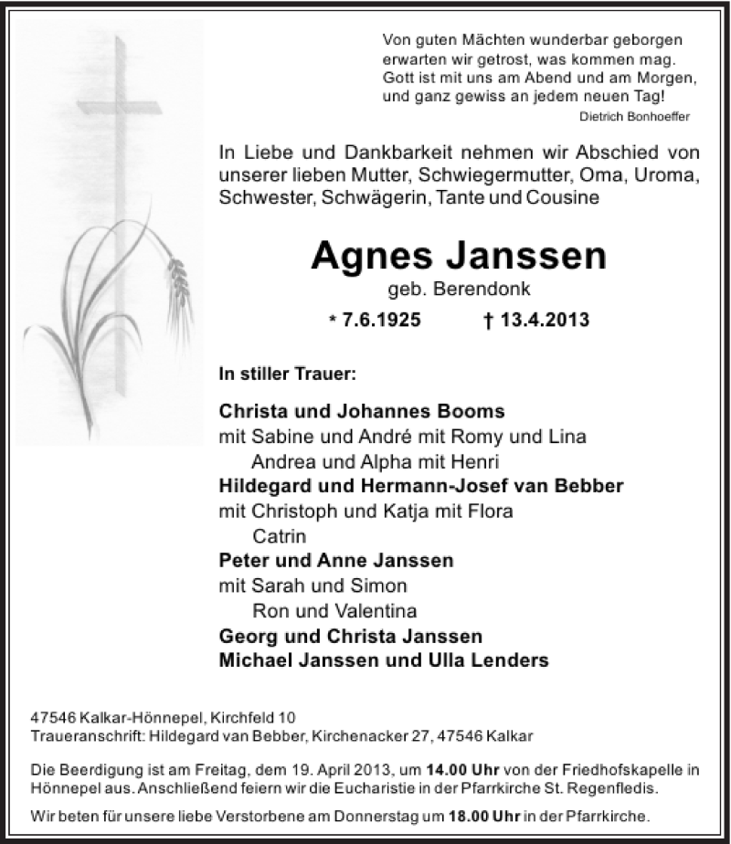  Traueranzeige für Agnes Janssen vom 16.04.2013 aus Rheinische Post