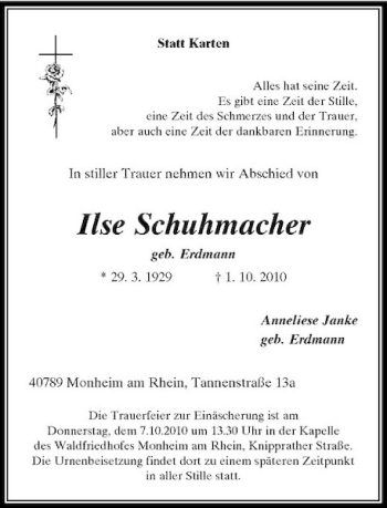 Traueranzeige von Ilse Schuhmacher von Rheinische Post