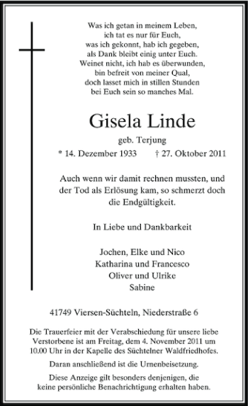 Traueranzeige von Gisela Linde von Rheinische Post