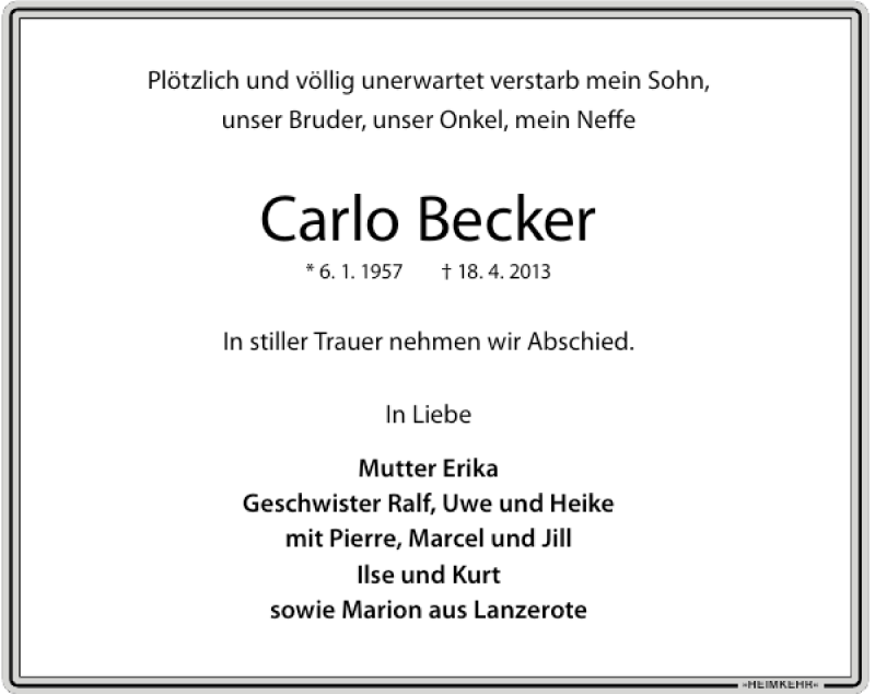  Traueranzeige für Carlo Becker vom 20.04.2013 aus Rheinische Post