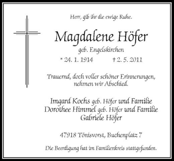 Traueranzeige von Magdalene Höfer von Rheinische Post