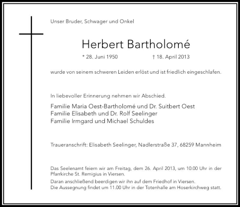  Traueranzeige für Herbert Bartholomé vom 24.04.2013 aus Rheinische Post