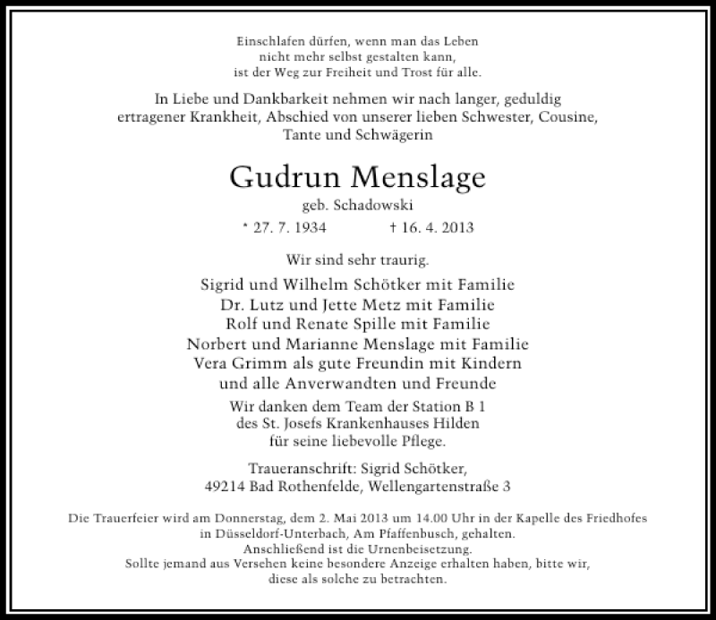  Traueranzeige für Gudrun Menslage vom 27.04.2013 aus Rheinische Post