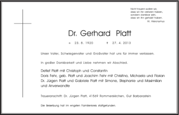 Traueranzeige von Dr. Gerhard Platt von Rheinische Post