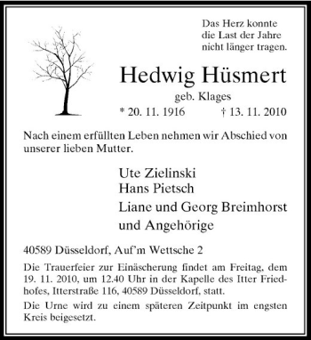Traueranzeige von Hedwig Hüsmert von Rheinische Post