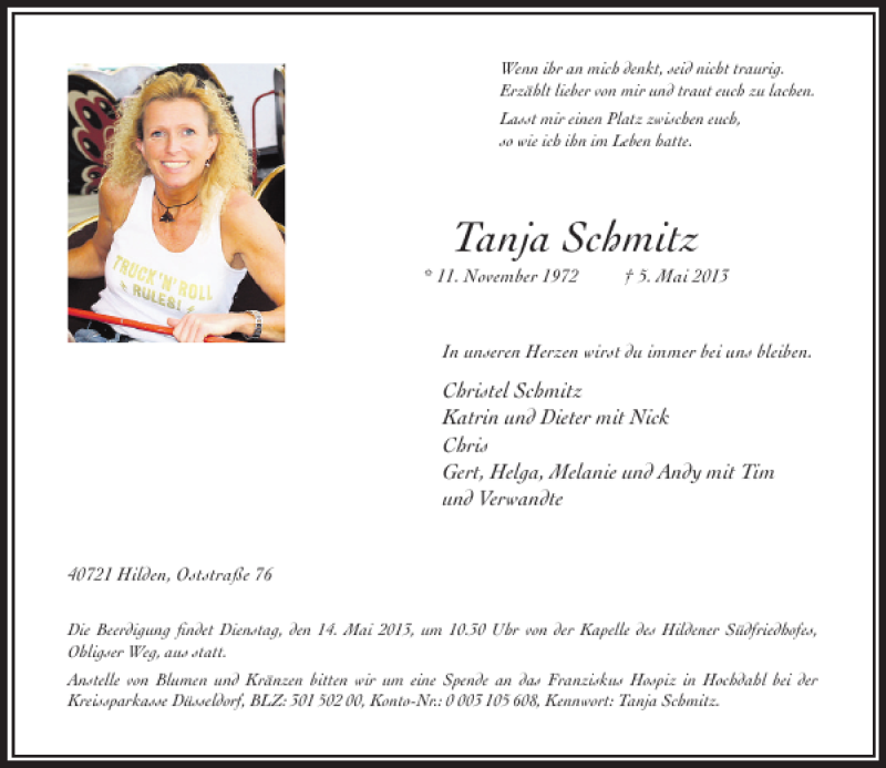  Traueranzeige für Schmitz Tanja vom 11.05.2013 aus Rheinische Post