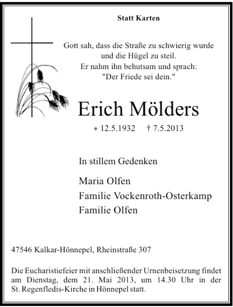  Traueranzeige für Erich Mölders vom 17.05.2013 aus Rheinische Post