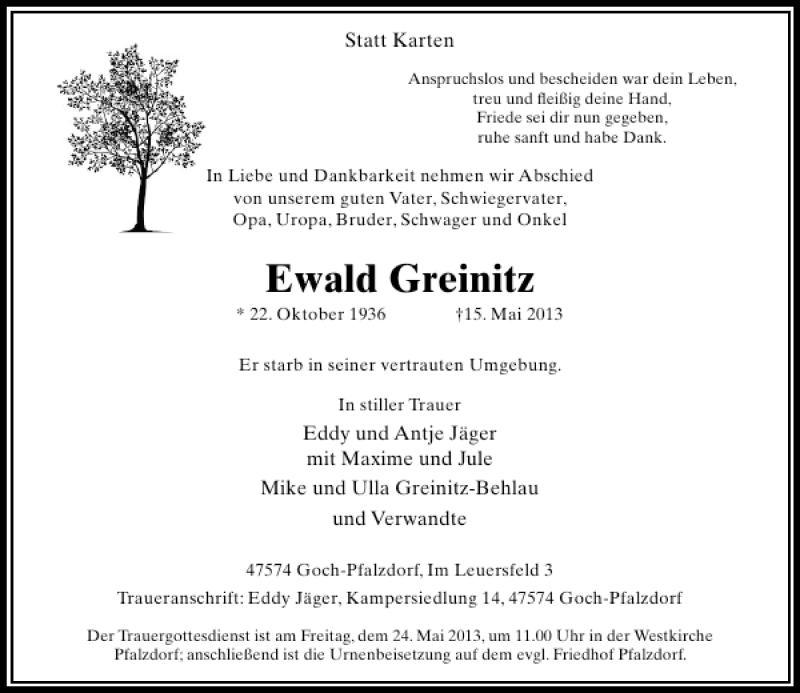  Traueranzeige für Ewald Greinitz vom 21.05.2013 aus Rheinische Post