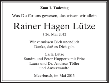 Traueranzeige von Rainer Hagen Lütze von Rheinische Post