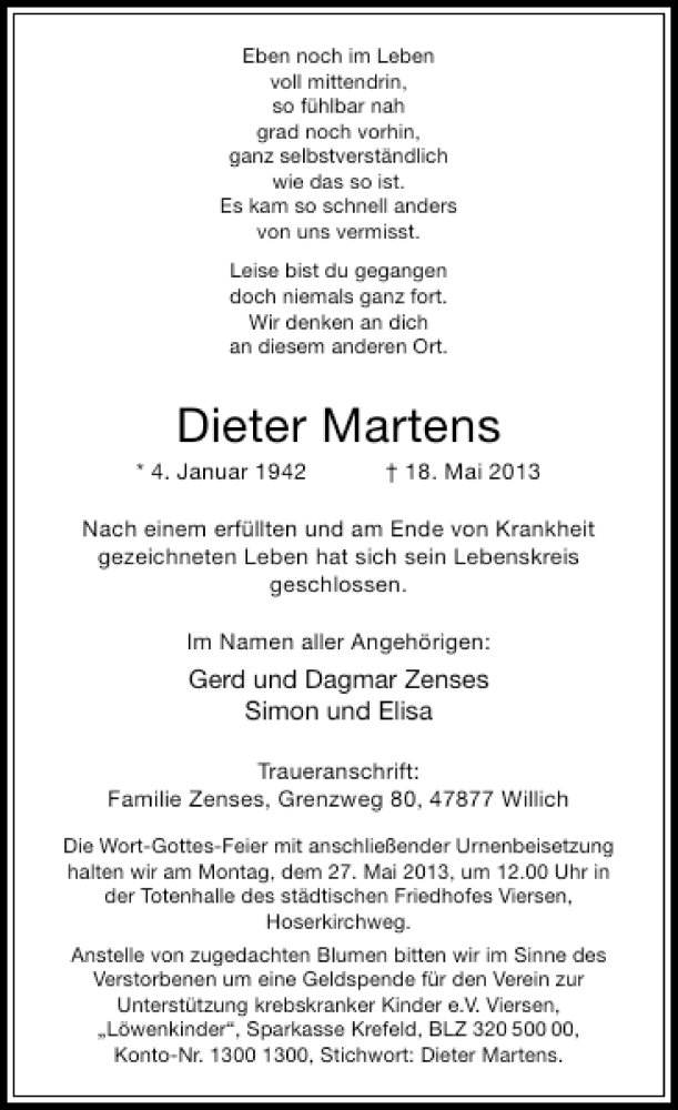  Traueranzeige für Dieter Martens vom 23.05.2013 aus Rheinische Post