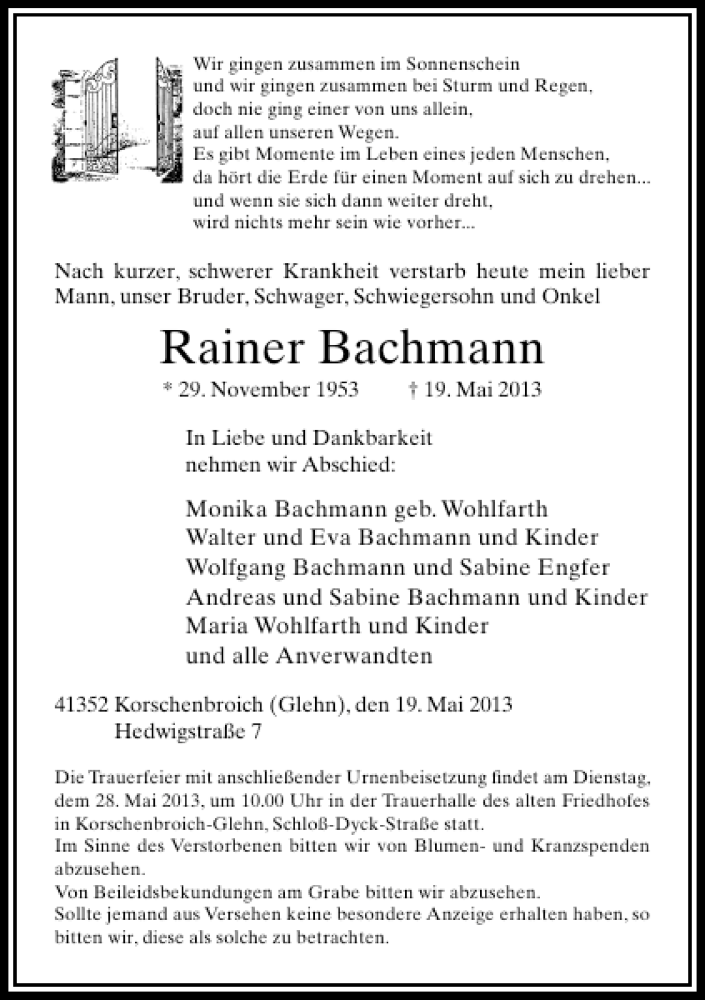 Traueranzeige für Rainer Bachmann vom 25.05.2013 aus Rheinische Post