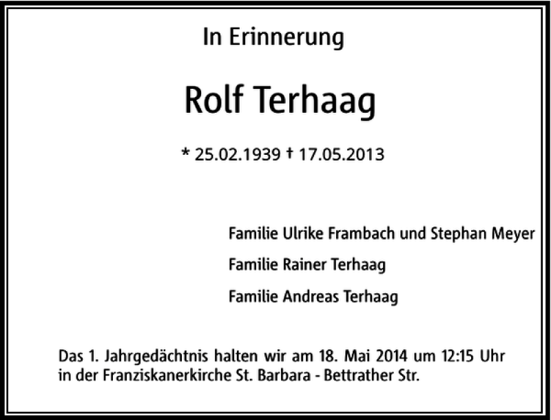  Traueranzeige für Rolf Terhaag vom 25.05.2013 aus Rheinische Post