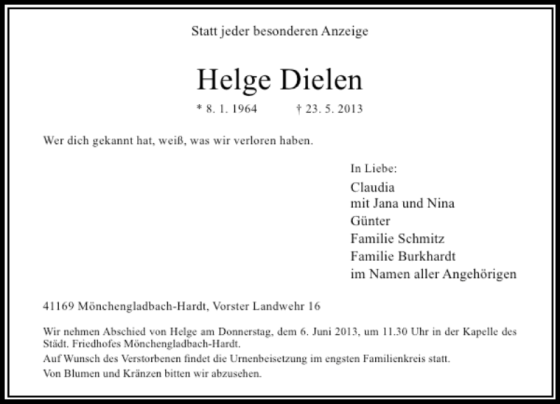  Traueranzeige für Helge Dielen vom 01.06.2013 aus Rheinische Post