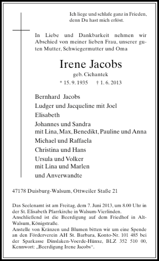  Traueranzeige für Irene Jacobs vom 04.06.2013 aus Rheinische Post