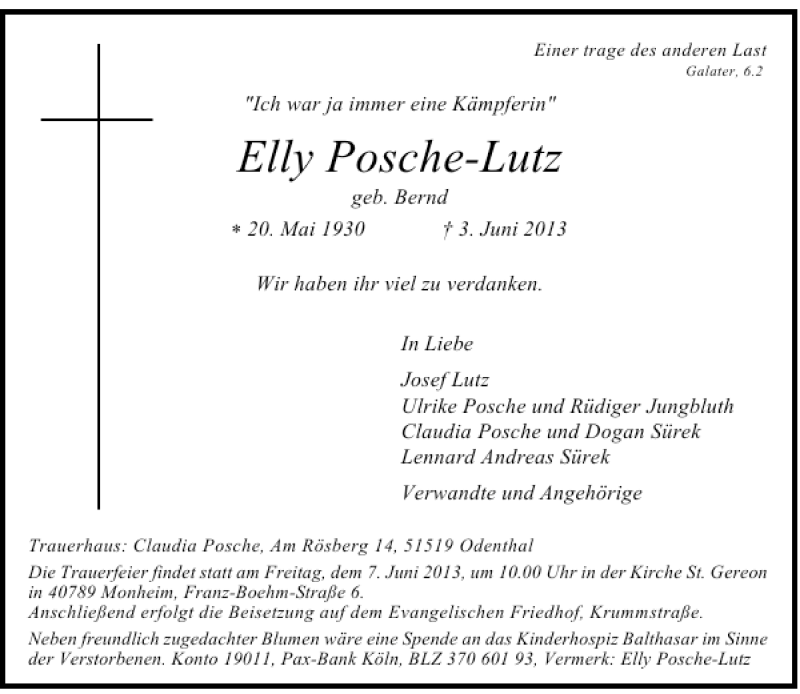  Traueranzeige für Elly Posche-Lutz vom 06.06.2013 aus Rheinische Post